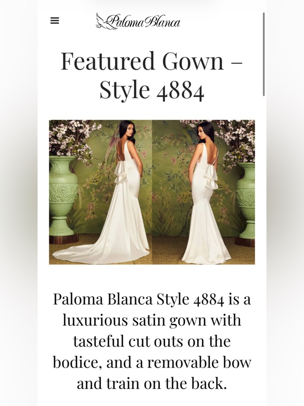 Paloma Blanca Ivory Satin Mermaid Gown with Back Bow